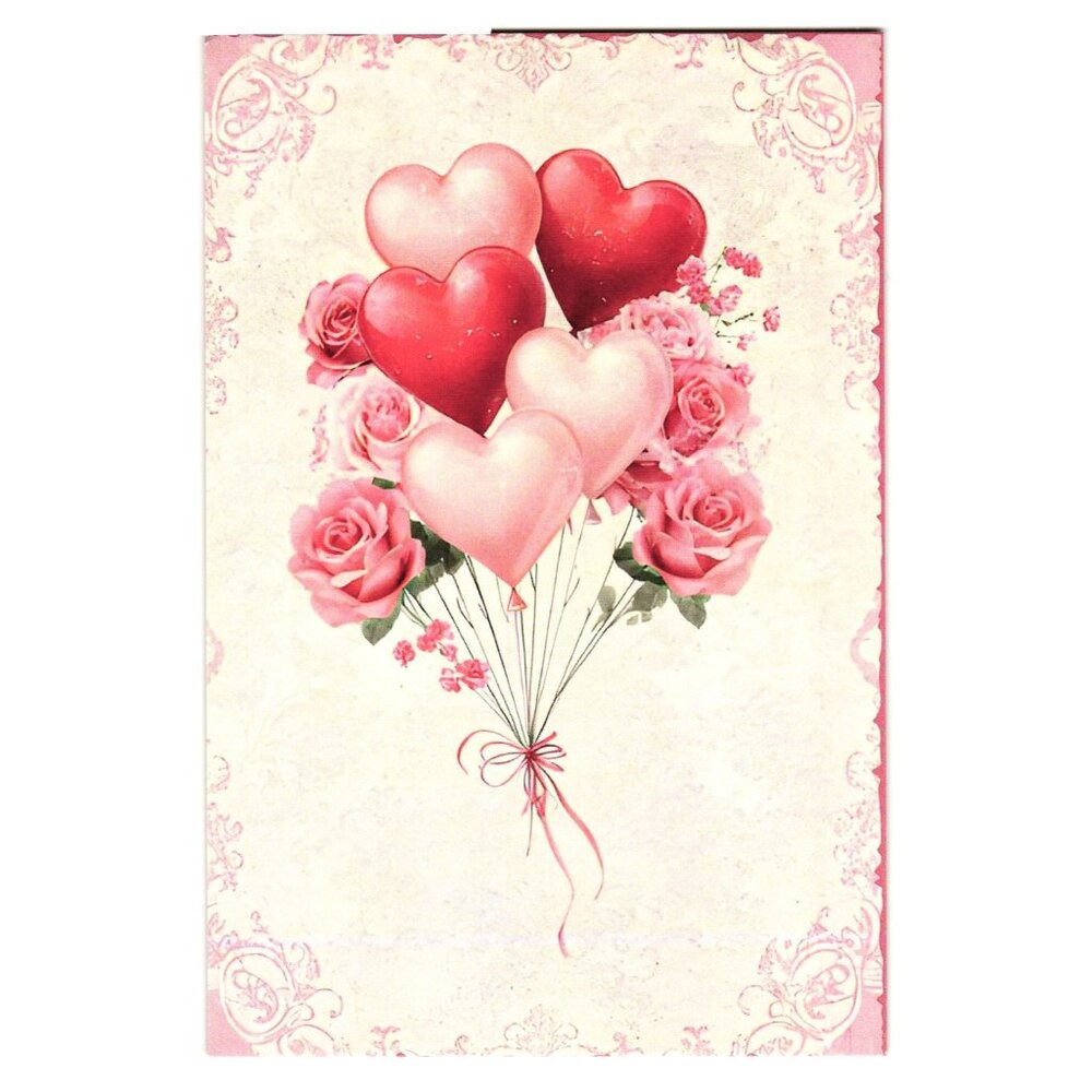 Romantic Heart Balloons Roses Art Postcard Pink Valentine Design Unused Gift